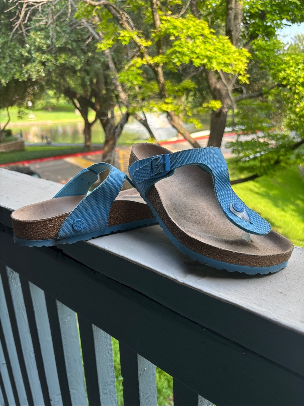 BIRKENSTOCK (size 38) Light Blue Thong Sandals with Cork Footbed